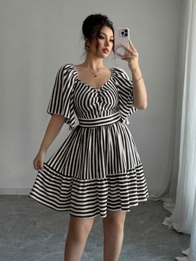 Elenzga 新款春夏蓝白条纹短袖优雅休闲修腰中长连衣裙女