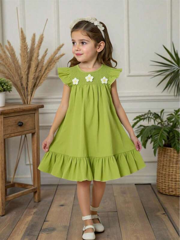 SHEIN Vintaside Kids Vestido casual y suelto de estilo elegante, dulce y lindo con aplicaciones, cuello redondo, mangas cortas y volantes en el bajo, adecuado para vacaciones, viajes, cumpleaños y verano