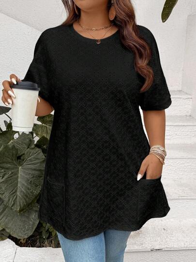 SHEIN LUNE Plus Size Women Tie-Dye Embroidery Dual Pocket Casual Loose T-Shirt Springs For Women Summers For Women Summer Clothes Easter Women Western Wear Women All White Womans Airport For Women Airport Cute Summer Tops Kawaii