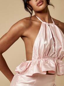 MISSGUIDED Luxurious Satin Halter Peplum Top Backless Party Club Special Occasion Summer Spring Ruffle Blouse Festival Women Cropped - Pink - View 8