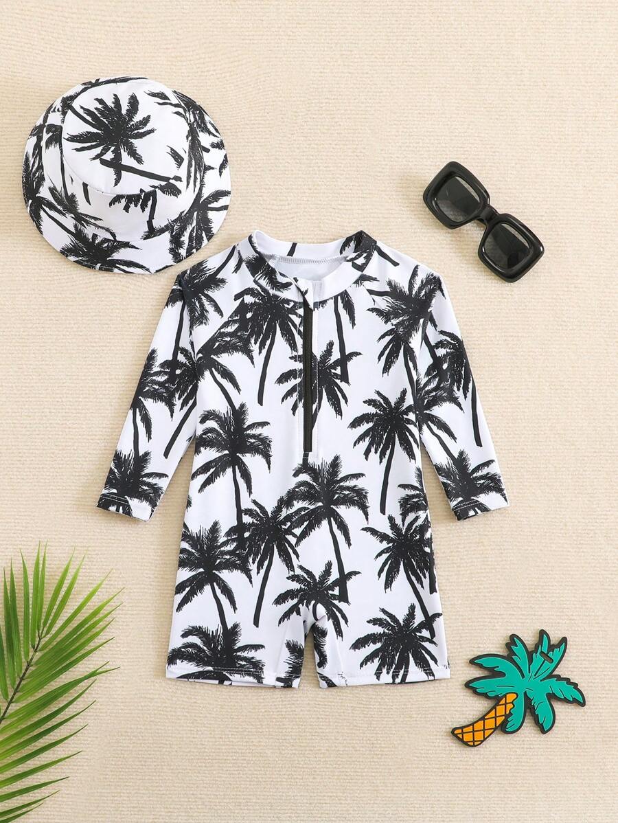 SHEIN Infant/Baby Boy Cartoon Whale Print Long Sleeve Romper With Hat, Summer Sun Protection Beach Outfit Baby Beach Outfits Baby Beach Wear Beach Outfits Infants Baby Vacation Outfits Beach Outfit For Baby - Multicolor - View 1