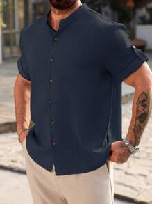 Manfinity Homme Men's Plus Size Solid Color Minimalist Short Sleeve Casual Shirt - Navy Blue - View 6