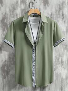 Manfinity Homme Kemeja Pria Lengan Pendek Warna Hijau Motif Patchwork Kasual Musim Panas, Kemeja Bagus, Cocok untuk Pantai - Khaki - View 3