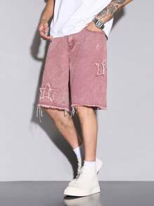 Manfinity EMRG Men's Loose Fit Distressed Five-Pointed Star Pocket Denim Shorts Pink Denim Shorts
