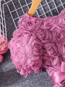 Glamorique Kids Girls Solid Color Puff Sleeve 3D Flower Decor Elegant Dress With Belt, Summer