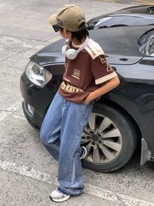SHEIN Tween Boy Fashion Casual Y2k Vintage Casual Basic Mix en Match Design met zijgestikte gewassen blauwe flared jeans voor kinderkleding Jongenskostuum Dagelijkse kleding en kinderen Zomer en lente Rave-outfits Festival- en strandoutfits Kleding