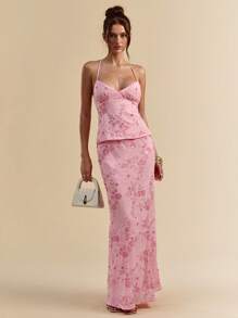 SHEIN BAE 女士优雅亮片刺绣半身裙，夏季 - 粉色 - 查看 5