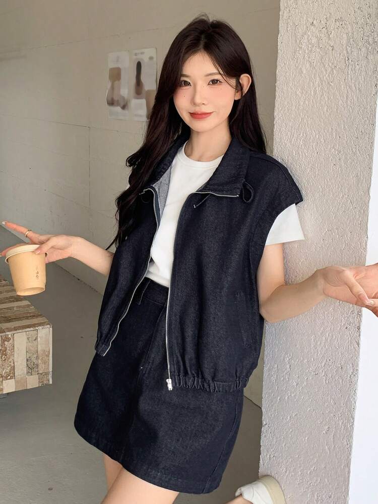 Women's Drawstring Waist Stand Collar Sleeveless Cardigan Jacket And Short Denim Skirt Set, Casual Street Style