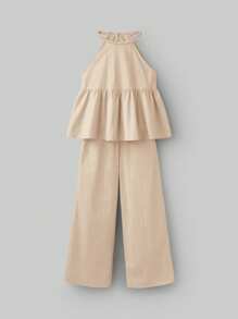 Ontre 2pcs Set Tween Girls Fashion Unique Crochet Style Halter Ruffled Hem Loose Solid Color Pants Casual Outdoor Summer Vacation Soft Comfortable Minimalistic & Versatile - Khaki - View 9