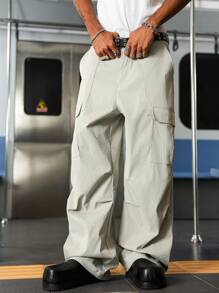 Manfinity Hypemode Men's Solid Color Cargo Pocket Pleated Wide Leg Loose Pants - Apricot - View 7