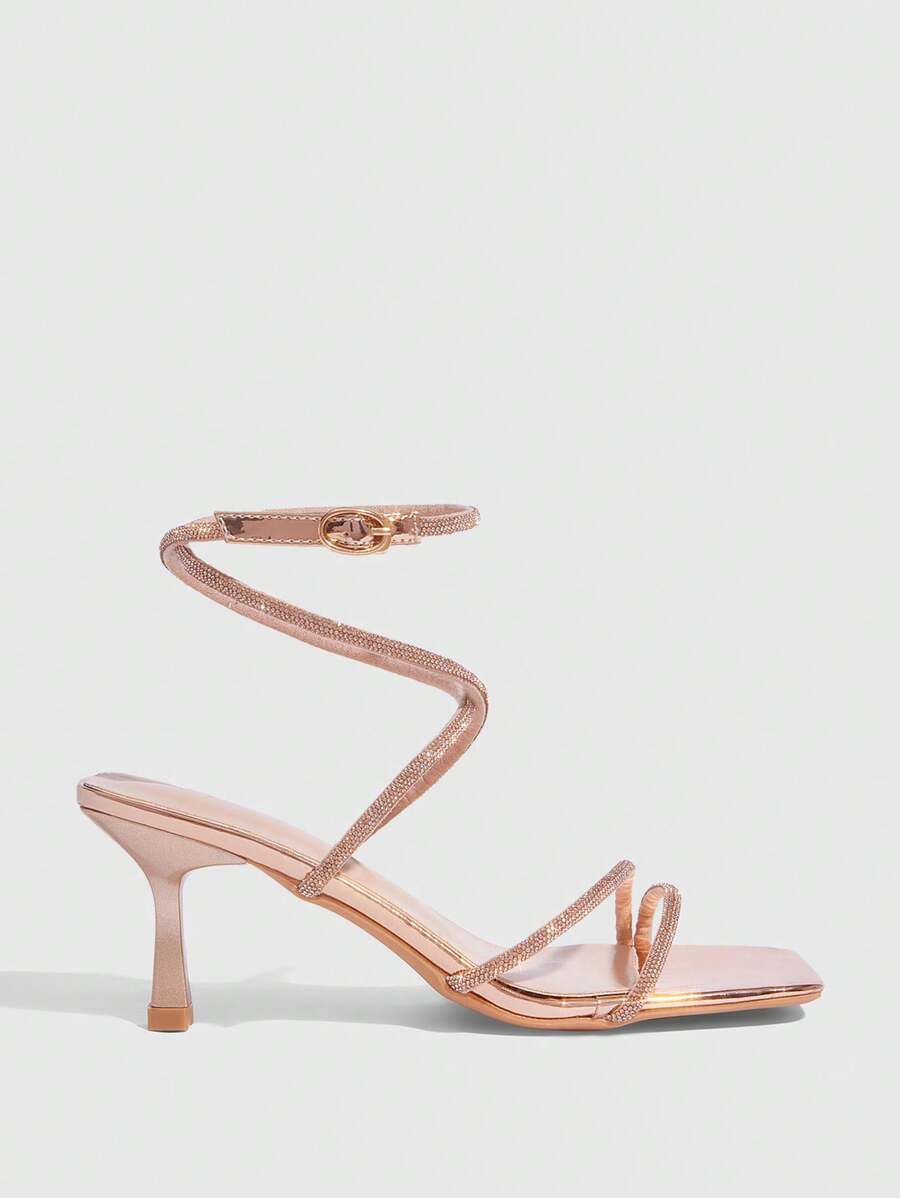 CUCCOO SZL Women's Fashion Gold Rhinestone Strap Wrap Around Ankle Buckle Square Toe Stiletto Heel Sandals, Suitable For Commuting, Dates, Parties, Holidays For Christmas Spring Shoes - Rose Gold - View 1