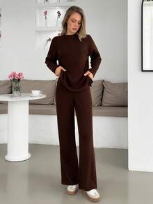 Brown Two Piece Set Women Knit Sweater With High Neck And Sweater Pant Cozy 2pcs Set Co-Ords,Winter Clothes - Chocolate Brown - View 4