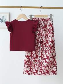 2 Stücke/Set Kleine Mädchen Top mit Kappe & gerade Hose mit Blume Muster, geeignet für Urlaub, Ausflug und Freizeitbekleidung - Bordeaux - Übersicht 2