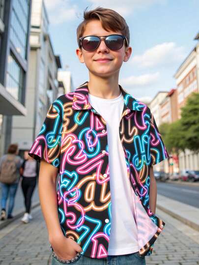 Tween Boys Letter & Number Allover Print Collared Short Sleeve Shirt, Comfortable, Fashionable, Versatile, Soft, Suitable For Spring, Summer, Casual, Outdoor, School, Street, Party, And Loungewear