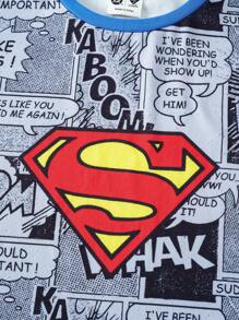 SUPERMAN X SHEIN Tween Jungen Cartoon Superhelden Schwarz-Weiß Zeitungsmuster cooles und stylisches graues Kurzarm T-Shirt