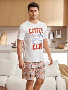 CoupledUp Casual Plaid & Coffee Letter Print Matching Pajama Set For Couples - White - View 6