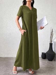 Al Najma 女士休闲纯色阿拉伯风格连衣裙 - 軍綠色 - 查看 6