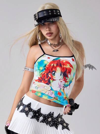 Damen niedliches Retro-Anime-Charakter- und Stern-bedrucktes kurzes Tank Top