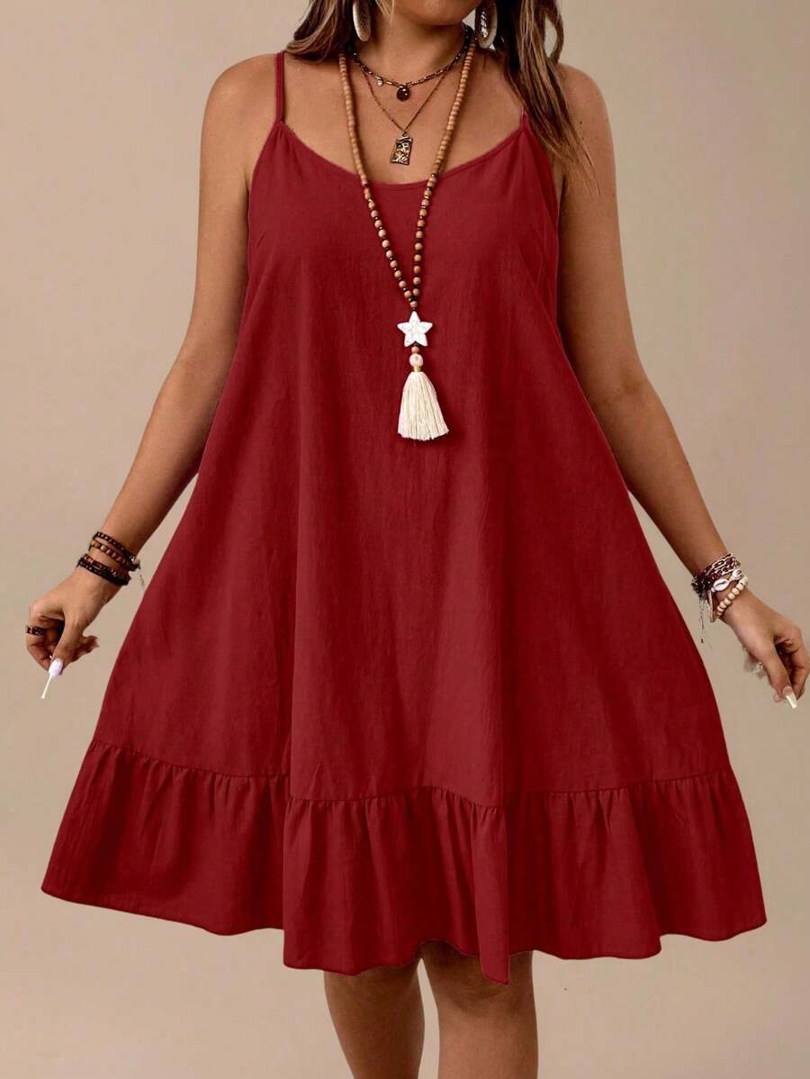 Sunserae Pure Plus Size Solid Color Casual Simple Fashion Dress, Daily Wear - Burgundy - View 1