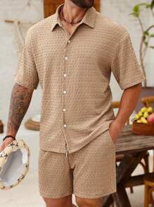 ResortEase Plus Size Men Textured Casual Shirt Set - Khaki - View 4