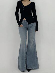 DAZY 女士低腰喇叭牛仔裤，休闲性感纯色简约风格牛仔裤 - 淺色水洗藍 - 查看 3