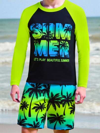 Tween Boys 2pcs Swimwear Set: Long Sleeve Solid Rashguard Top And Palm Tree Letter Print Pattern Gradient Swim Trunks