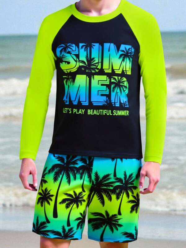 Conjunto de 2 piezas de ropa de baño para niños preadolescentes: Parte superior tipo rashguard de manga larga y estampada de color liso y bermudas de baño con estampado degradado de letras de palmera