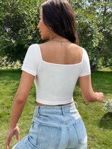 SHEIN EZwear Spring Break Square Neck Ruched Bust White Crop Tee - White - View 2