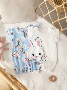 新生儿两件套可爱彩虹兔印花休闲简约荷叶边下摆无袖连体衣家居服男女通用婴儿服猫咪爱心两件套夏季套装返校必备儿童女童夏季服装 - 白色 - 查看 1