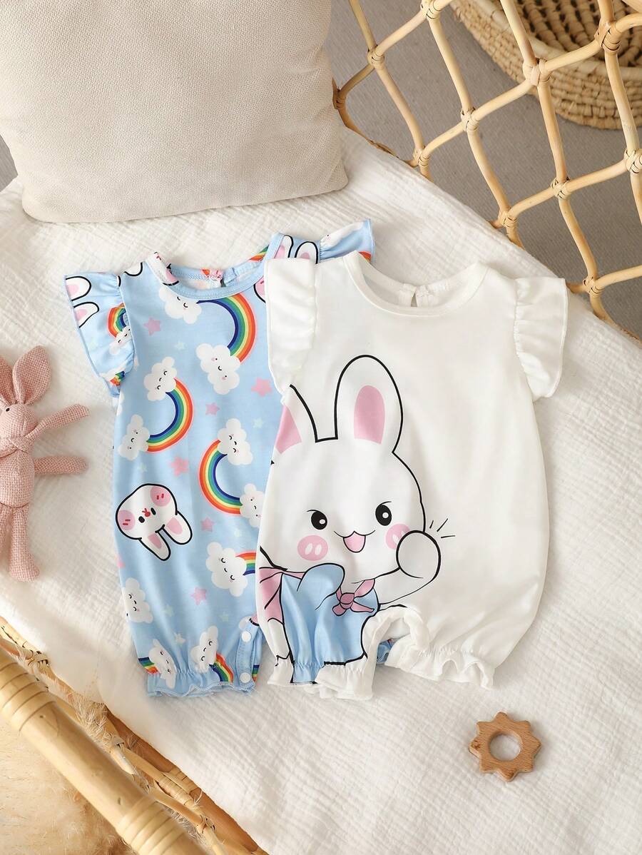 新生儿两件套可爱彩虹兔印花休闲简约荷叶边下摆无袖连体衣家居服男女通用婴儿服猫咪爱心两件套夏季套装返校必备儿童女童夏季服装 - 白色 - 查看 1