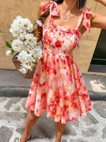 Vivid Eden Women's Floral Print Tie-Shoulder Fashionable Strap Mini Dress, Vacation Style,Vacation,Summer Romantic Pink Flower Print Chiffon Ruched Backless Double Layered A-Line Mini Dress, Suitable For Party, Date, Valentine's Day, Afternoon Tea, Spring,Sun Dress - White - View 9