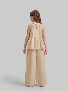 Ontre 2pcs Set Tween Girls Fashion Unique Crochet Style Halter Ruffled Hem Loose Solid Color Pants Casual Outdoor Summer Vacation Soft Comfortable Minimalistic & Versatile - Khaki - View 2