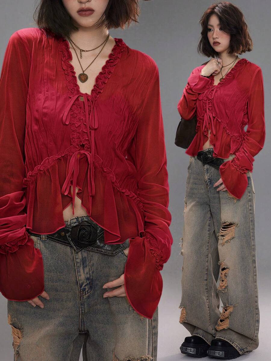 Coolane Women's Spring/Summer Date Night Concert Streetwear Textured Pleated Ruffle Blouses - Burgundy - View 1