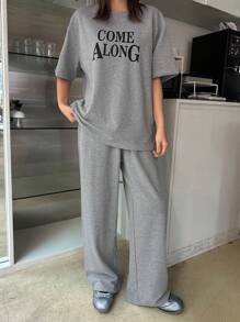 DAZY 2pcs/Set Women Letter Print T-Shirt & Sweatpants - Grey - View 6