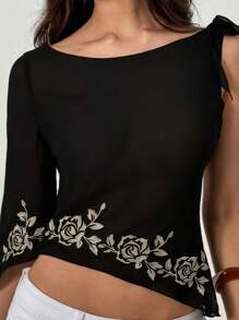 Aloruh Blouse en mousseline de soie transparente avec broderie florale, manches évasées, nœud papillon et épaules dénudées pour femmes, pour le printemps/été, style casual - Noir - Voir 7