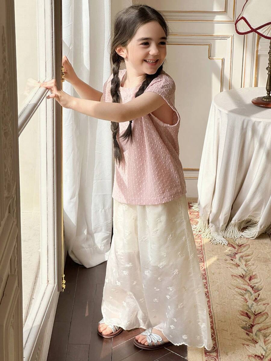 DAZY 2 Stücke Set für Kleine Mädchen mit Rundhalspullover und weiter Hose mit Spitzendetails, Mädchen Sommer Outfit - Altrosa - Übersicht 1