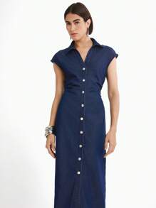 Daynim Vestido recto de mezclilla sin mangas con solapa para mujer