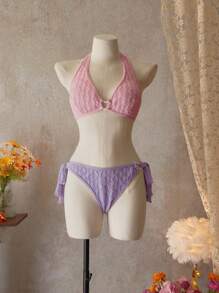 SHEIN Swim Special Fabric Heart Printed Contrast Color Bikini Set, For Vacation For Summer - Multicolor - View 4