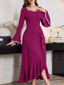 Modelyn Women's Extra Long Flared Flounce Hem Asymmetrical Hem Dress, Suitable For Spring And Summer - Red Violet - View 3