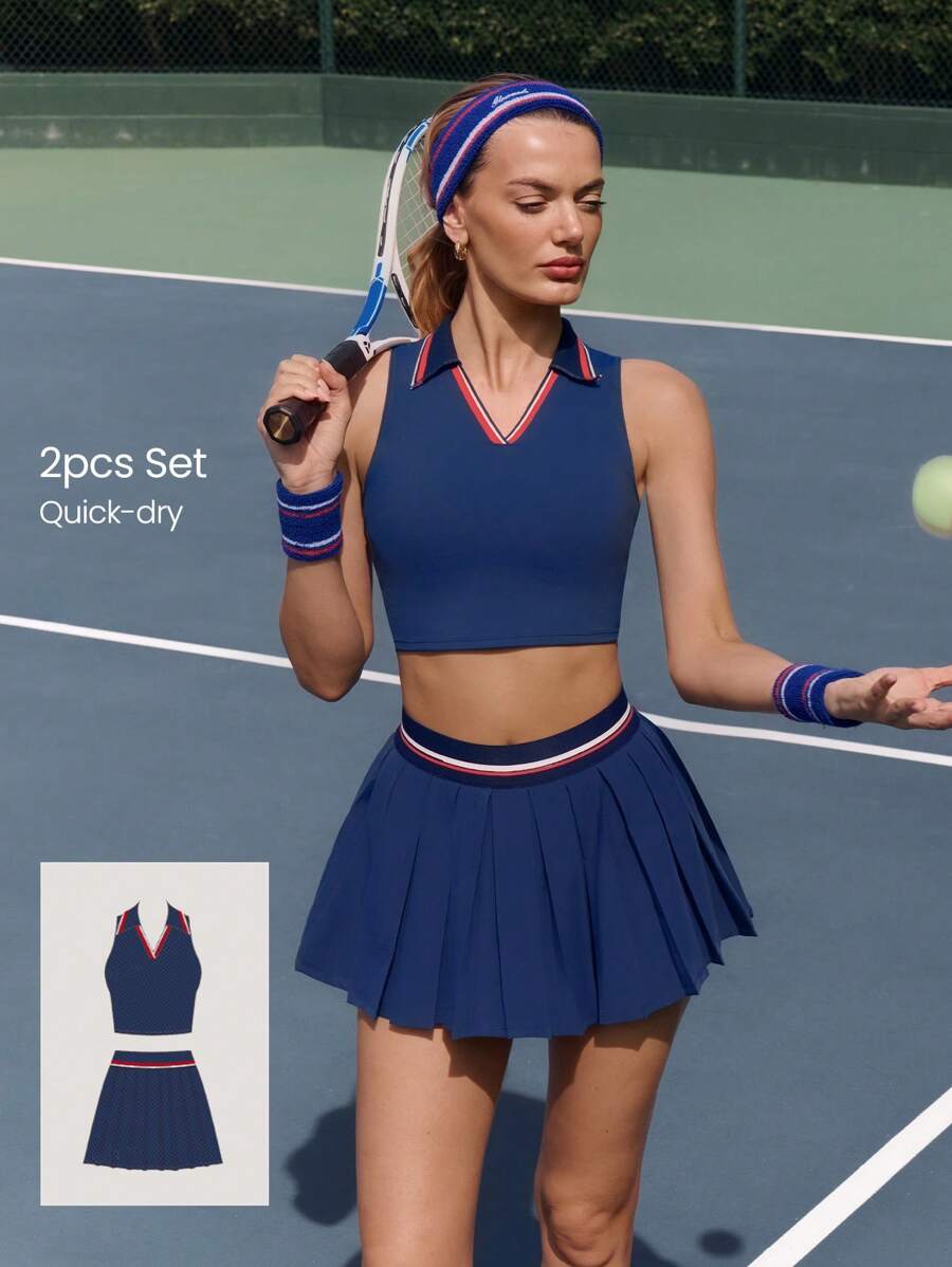 GLOWMODE 2 chiếc FeatherFit™-Air thấm mồ hôi nhanh khô màu tương phản, áo ba lỗ cổ trụ có thể tháo rời cúp ngực và chân váy xếp ly có quần short tích hợp, trang phục thường ngày - Dark Blue - Xem 1