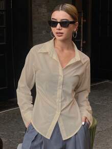 DAZY Blusa casual, elegante y vintage de manga larga con cintura ajustada y unicolor para mujer, otoño