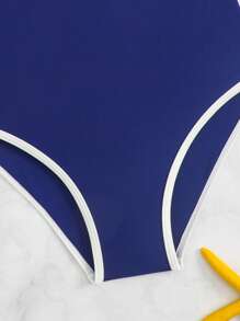 女童连体蓝色纯色交叉肩带可调节泳衣 - 藍色 - 查看 9