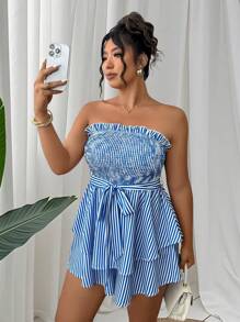 SHEIN Clasi 大码百搭修身条纹印花抹胸连衣裙 - 藍白色 - 查看 4