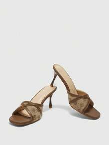 CUCCOO CURVES Women's Fashion Square Toe Small Daisy Canvas Slip-On High Heel Party Sandals, Simple Style, Wide Fit