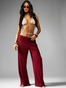 MISSGUIDED Wide Leg Velvet Pants Beach Resort Lounge Wear Festival Bohemian Casual Summer Fall Bottoms Pants Music Venue Cruise Vacation Christmas - Burgundy - View 1
