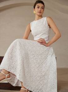 GENKIRA Robe longue élégante de haute qualité au design simple, de couleur unie, avec encolure ronde, à la taille, avec patchwork en dentelle, sans manches et à ourlet en forme de A pour femmes - Blanc - Voir 2