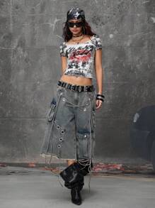 ROMWE Grunge Punk Street Punk Style Distressed Loose Low-Rise Women's Mid-Length Super Low Waist Denim Shorts