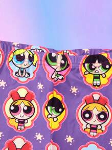 THE POWERPUFF GIRLS X SHEIN 2 件套女婴花朵、泡泡、毛茛图案 T 恤和短裤套装，春夏 - 紫色 - 查看 6