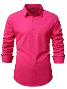 Manfinity Mode Men's Fuchsia Pink Long Sleeve Casual Business Shirt, Fall - Hot Pink - View 3