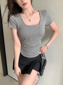 DAZY 女士休闲纯色修身圆领T恤，夏季 - 灰色 - 查看 2